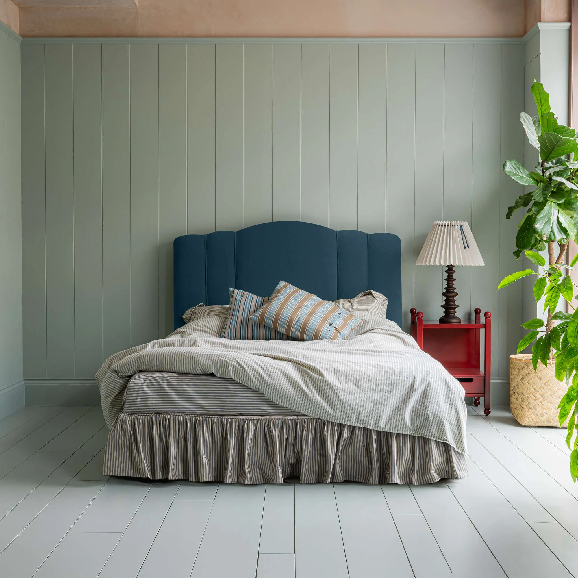 Cloud Nine Upholstered Bed in Intelligent Velvet Aegean with Ticking Cotton Ruffled Valance - Image 4