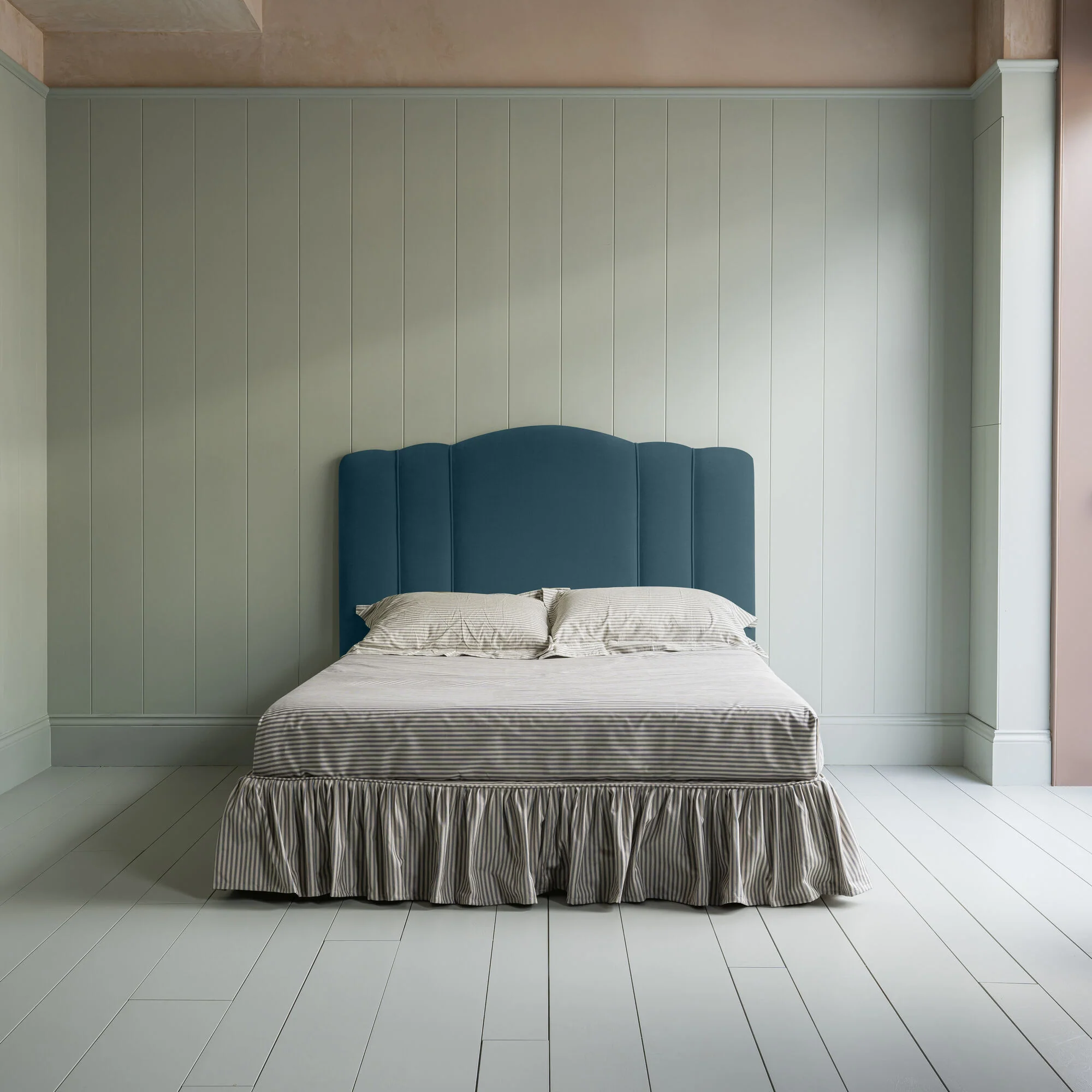 Cloud Nine Upholstered Bed in Intelligent Velvet Aegean with Ticking Cotton Ruffled Valance