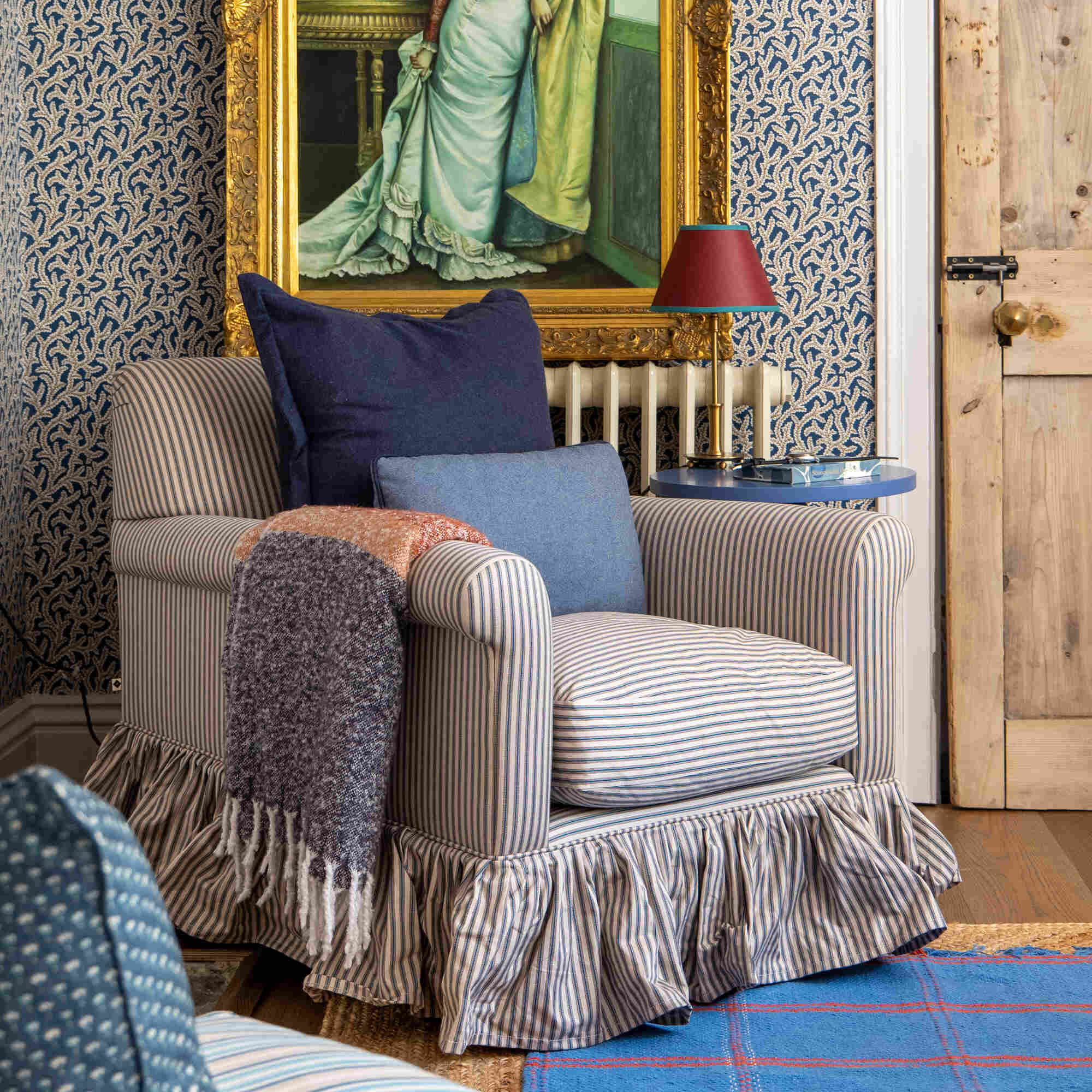 Curtain Call Armchair in Square Deal Cotton, Blue Brown - Image 7