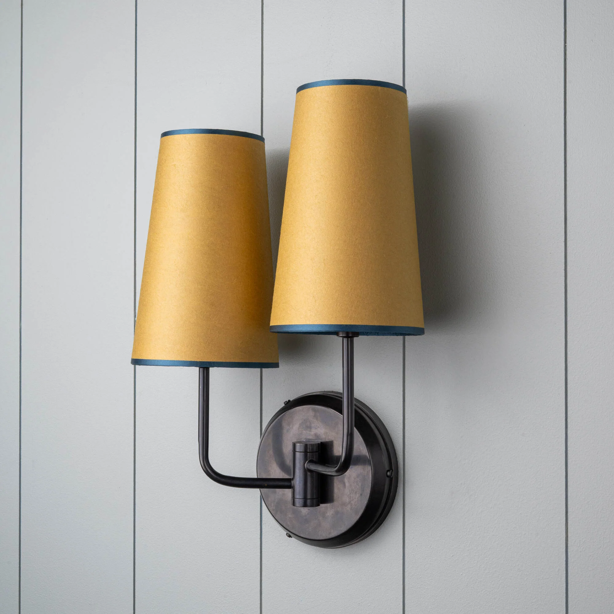 Double Trouble Waxed Brass Wall Light With Mustard Lamp Shades - Image 3