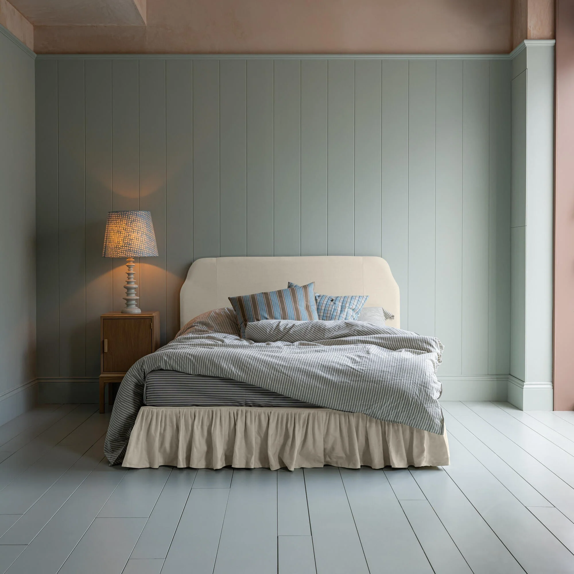 Dream Ticket Upholstered Bed in Laidback Linen Dove with Ruffled Valance - Image 3