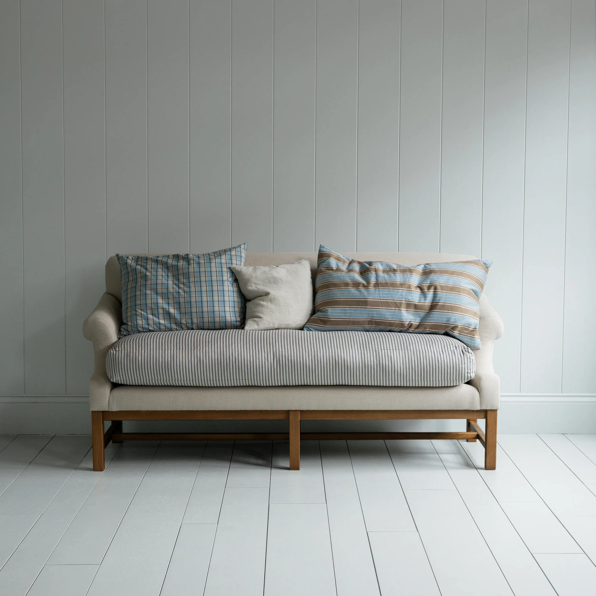 Front Row 3 Seater Upholstered Bench in Laidback Linen Dove Frame and Ticking Cotton Blue Brown Seat - Image 6