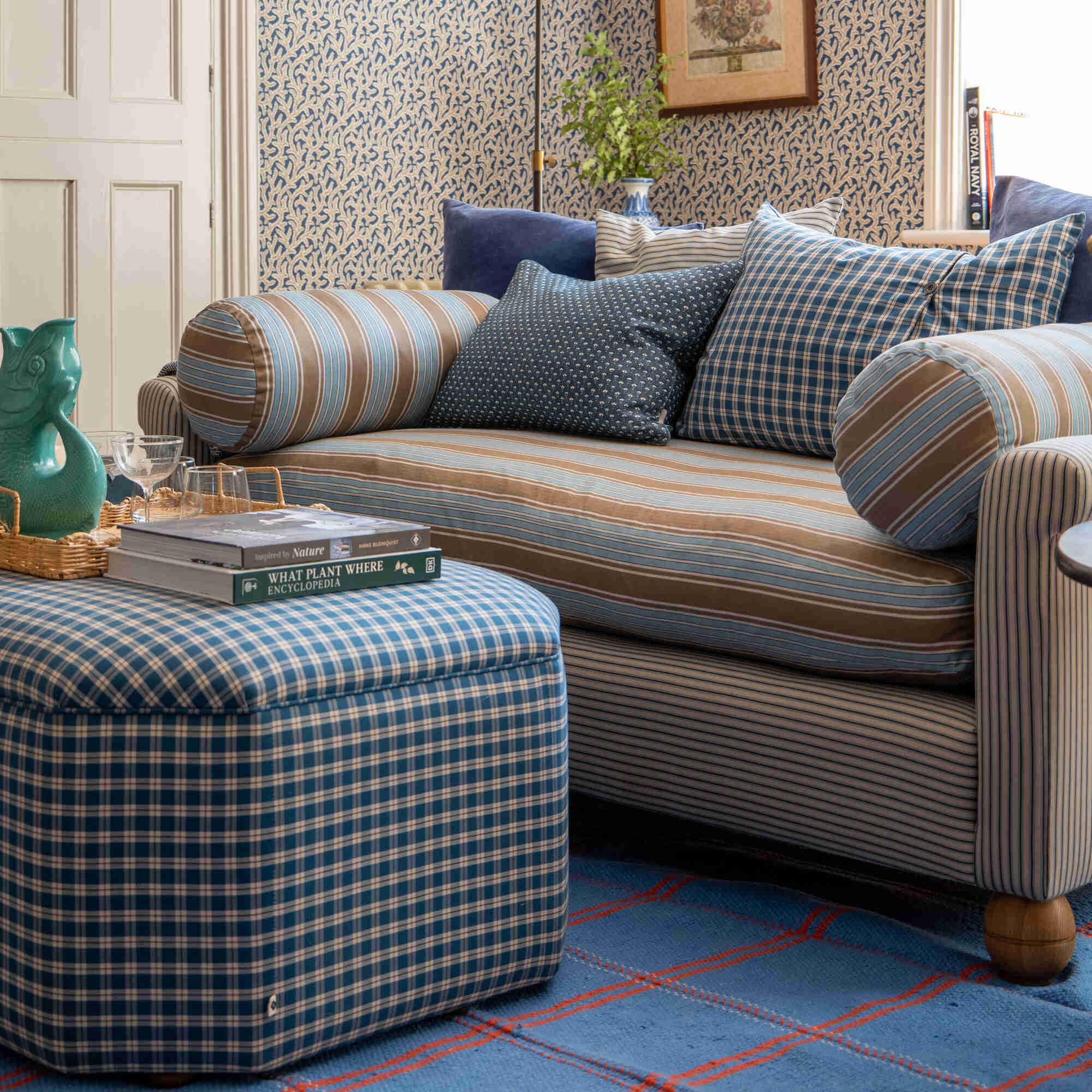 Idler 2 Seater Sofa in Ticking Cotton Chocolate Navy Frame and Regatta Blue Seat - Image 13