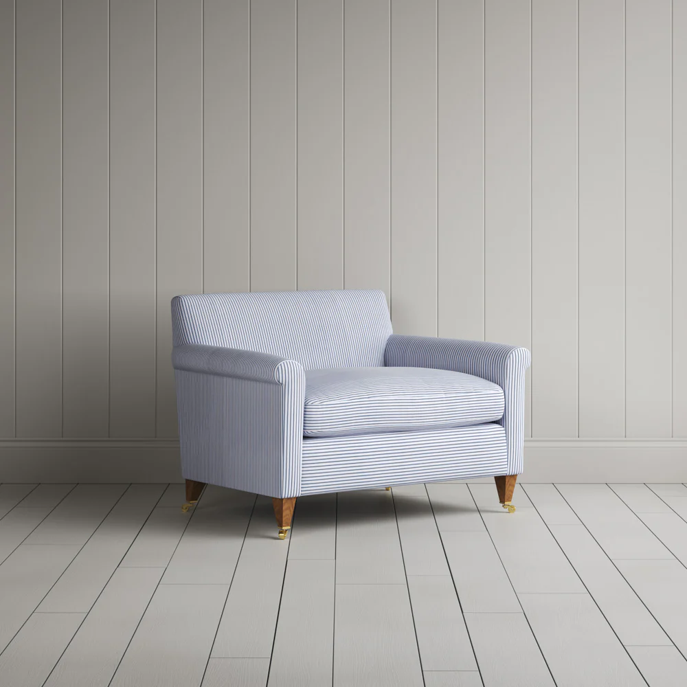 Idler Love Seat in Ticking Cotton, Aqua Brown