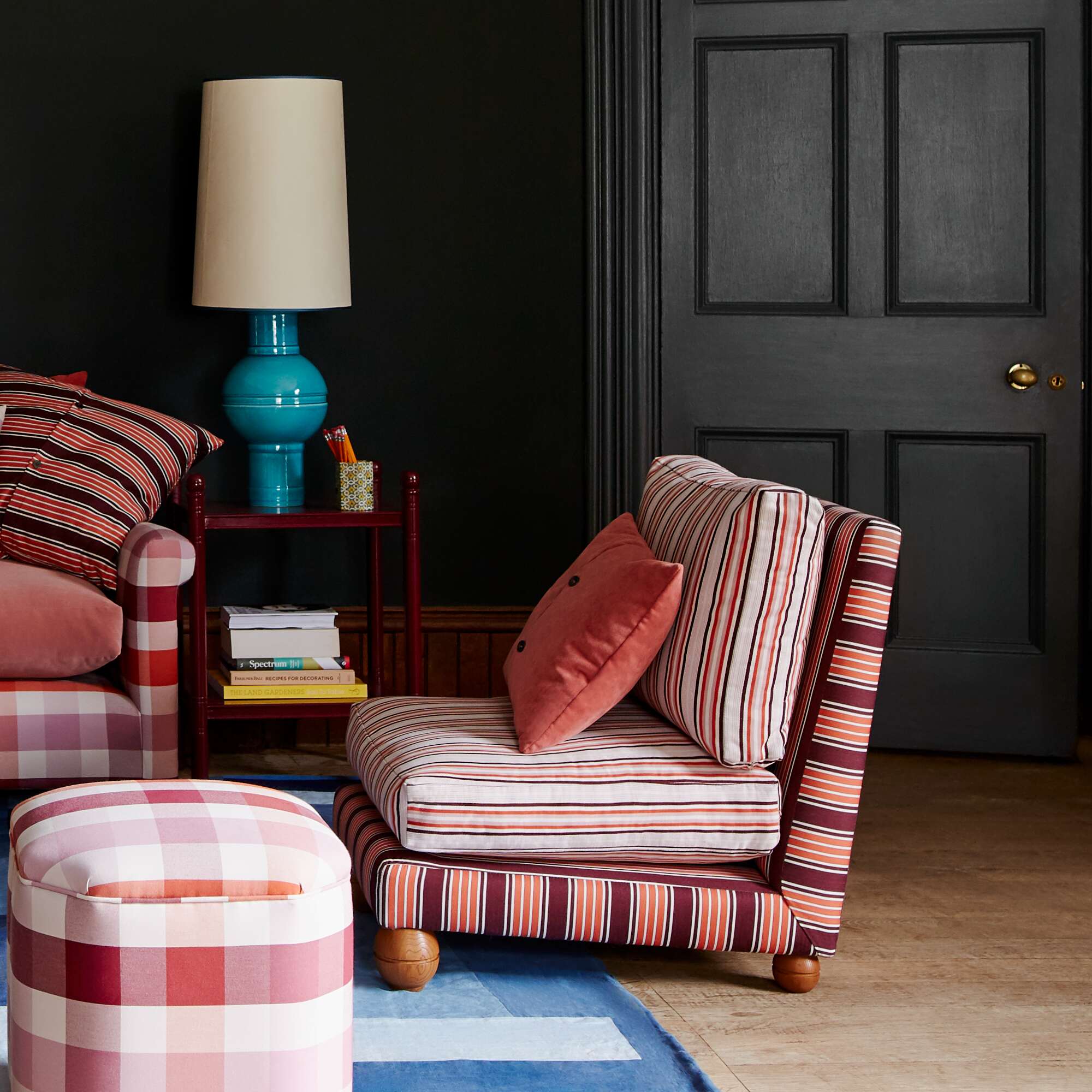 Perch Slipper Armchair in Regatta Cotton Flame Frame and Slow Lane Cotton Linen Berry Seat - Image 3