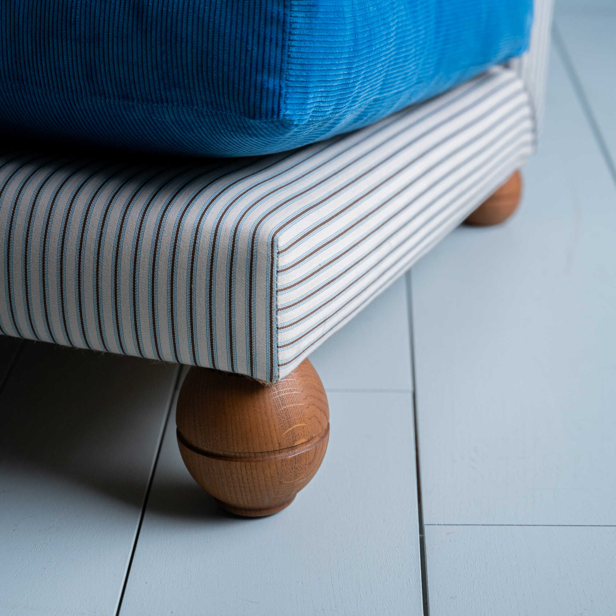 Perch Slipper Armchair in Ticking Aqua Brown Frame and Classic Corduroy Harbour Blue Seat - Image 5