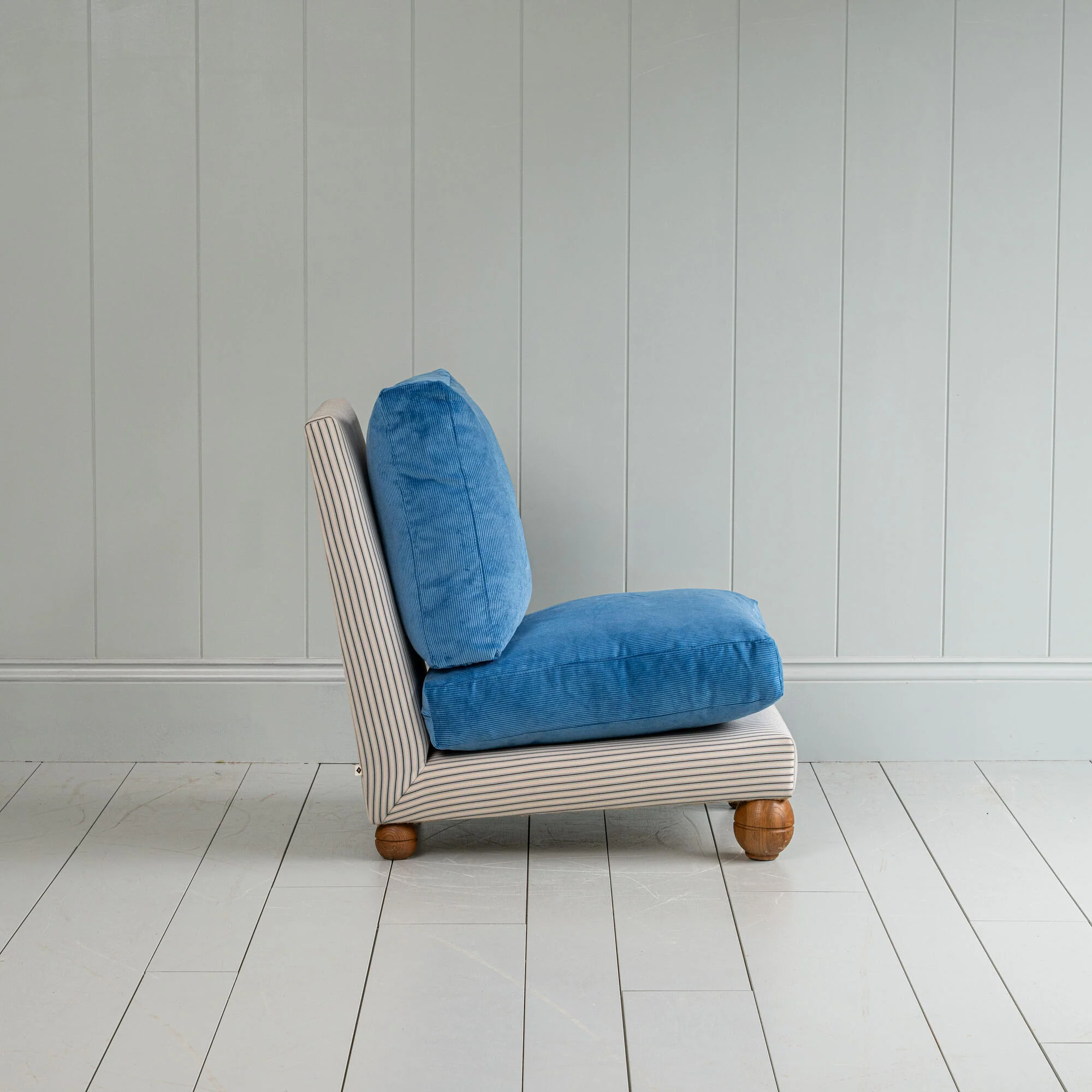 Perch Slipper Armchair in Ticking Aqua Brown Frame and Classic Corduroy Harbour Blue Seat - Image 8