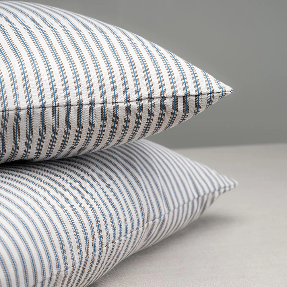 Square Kip Cushion in Ticking Cotton, Blue Brown - Image 3