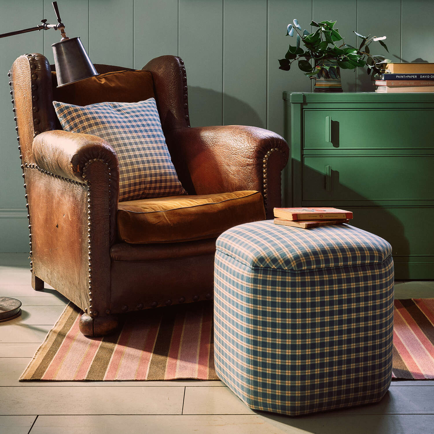 Thither Hexagonal Ottoman in Slow Lane Cotton Linen, Blue - Image 4
