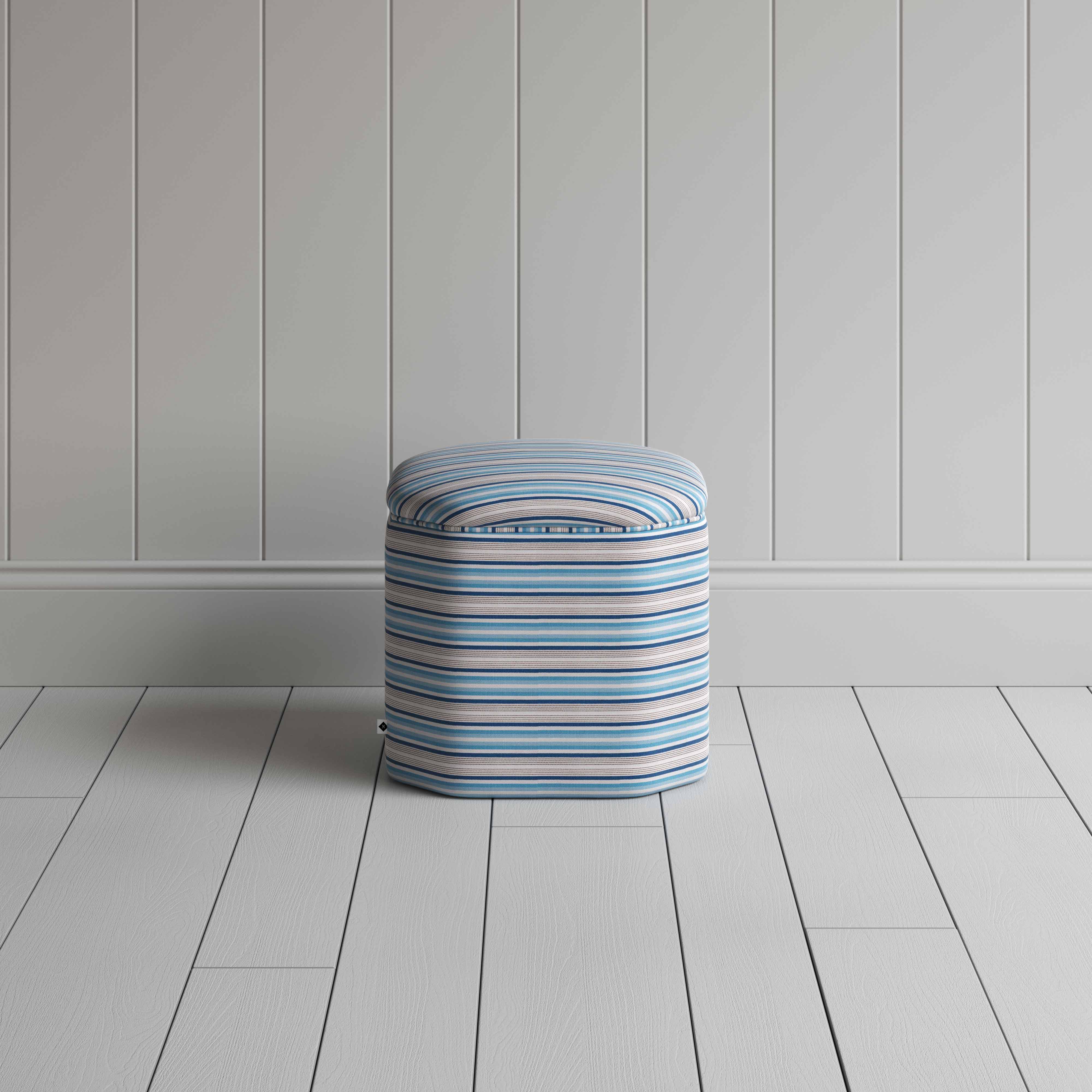 Thither Hexagonal Ottoman in Slow Lane Cotton Linen, Blue - Image 3