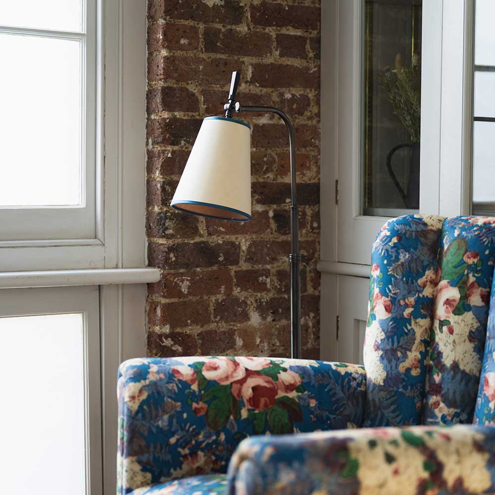 To The Point Paper Empire Lamp Shade in Soft White with Peacock Blue Trim - Image 5